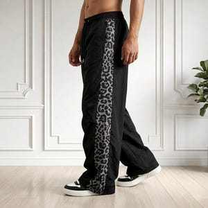Mens Leopard Side Stripe Track Pants, Baggy Wide Leg Joggers, Drawstring Streetwear Trousers, Y2K Hip Hop Loose Cargo Style Pants