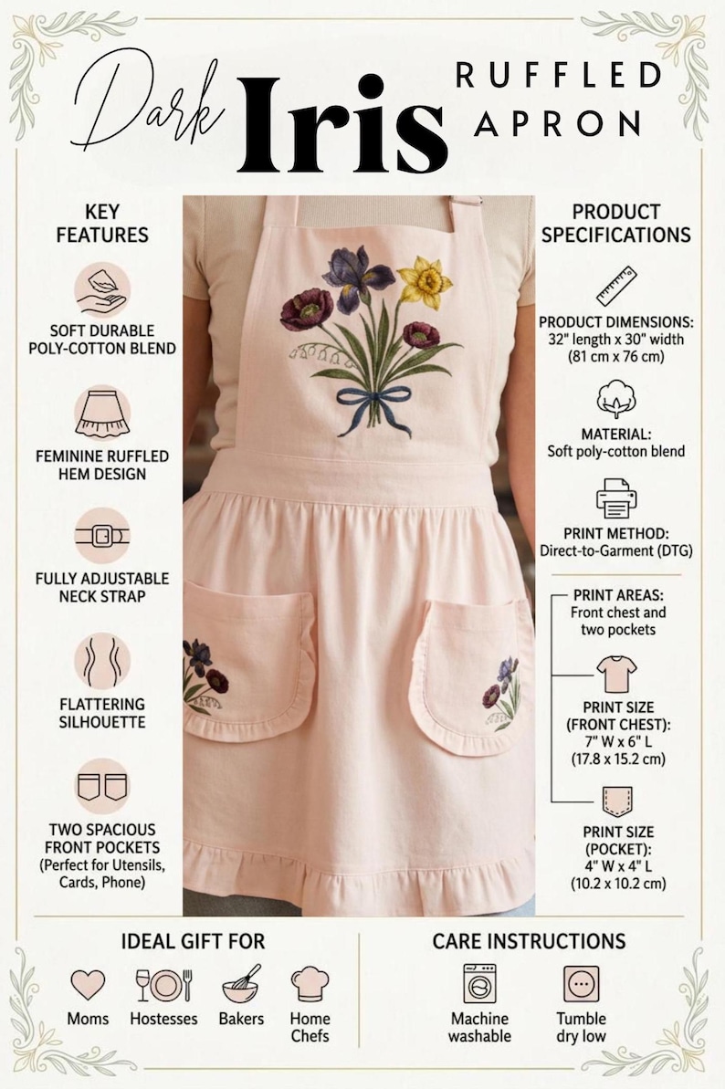 May include: A light pink ruffled apron with a floral design, made from a soft poly-cotton blend. The apron has two front pockets and measures 81 cm long by 76 cm wide.