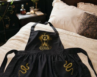 Gothic Hexe Rüschen Schürze mit Taschen, Whimsigoth Küchenschürze, schwarze Cottagecore Schürze zum Backen, Gothic Geschenk für Sie, Witchy Geschirr