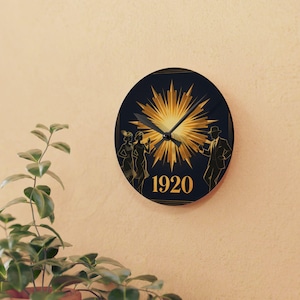 May include: Round wall clock with a black face featuring a gold burst design and the year "1920" in gold. Silhouettes of people in 1920s attire are also featured. The clock has black hands and a gold border.