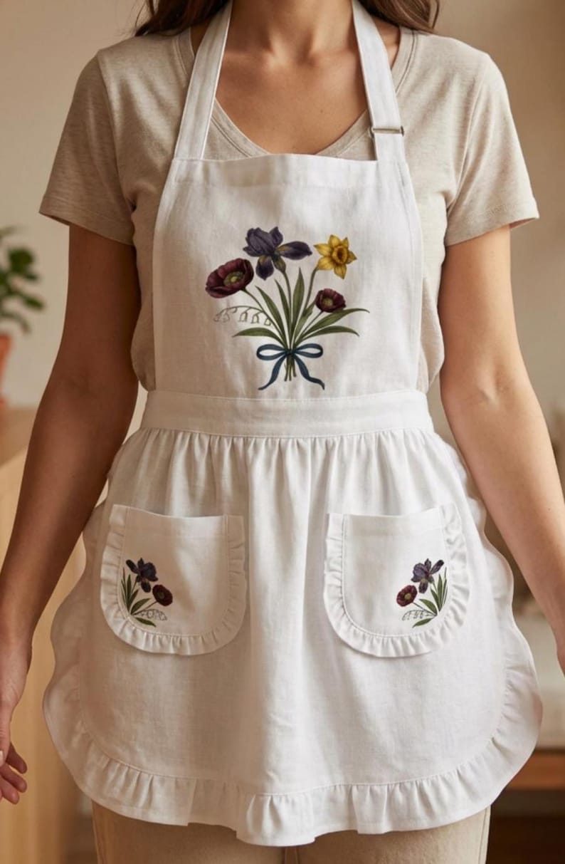 May include: White apron with a floral bouquet design. The apron features a large central bouquet of purple irises, red poppies, and yellow daffodils tied with a blue ribbon. Two pockets with floral embroidery.