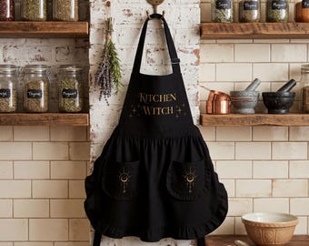 Kitchen Witch Ruffled Apron - Gothic Decor, Witchy Kitchen