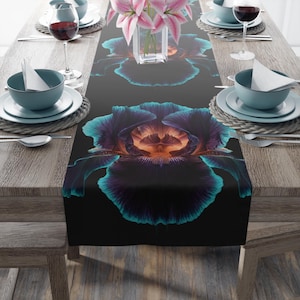 Moody Dark Teal Iris Lilly Table Runner | Whimsygoth Botanical Dining Decor | 90s Witchy Magic Aesthetic Dark Cottagecore Floral Table Scape