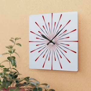 Radiant Burst Acrylic Wall Clock, Modern Abstract Art, Red White Ray Design, Dark Purple Wall Decor, Unique Geometric Timepiece, Home Gift