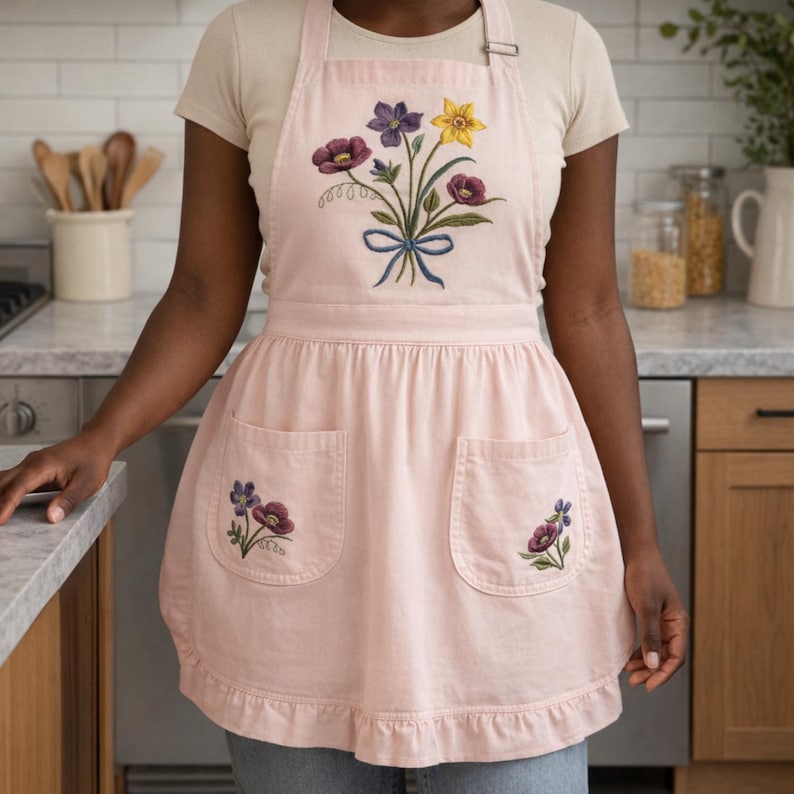 May include: A pale pink apron with floral embroidery. The apron displays a bouquet of purple, yellow, and red flowers tied with a blue ribbon. Two pockets are decorated with smaller floral designs. It has a ruffled hem and adjustable straps.