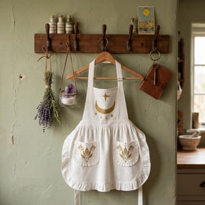 Pode incluir: Um avental branco com um design de lua crescente dourada e estrela, pendurado em um cabide de madeira. O avental tem dois bolsos com um design floral dourado e uma bainha com babados. O avental faz parte de uma exposição de cozinha ou sala de artesanato.