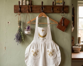 Celestial Kitchen Witch Ruffled Apron | Gothic Victorian Moon & Stars Hostess Pinafore with Pockets | Whimsigoth Gift for Her