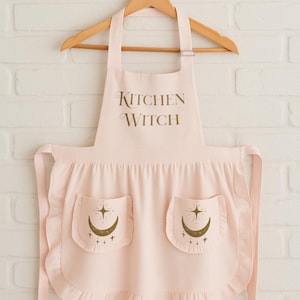 Celestial Kitchen Witch Apron with Star Pockets Witchy Baking Gift, Pastel Goth Kitchen Decor, Wiccan Cooking Pinafore, Astrology Lover Gift image 2