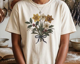 Dezember Geburtsblume botanische Narzisse Bouquet T-shirt | Vintage Blumen Illustration