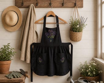 February Birth Flower Ruffled Apron, Kitchen Witch Whimsigoth Cottagecore Decor, Gothic Violet Garden Gift for Her, Personalized Baking