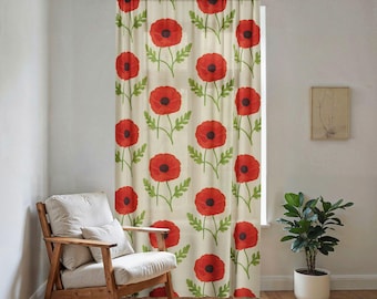 Cortina transparente floral con estampado de amapolas rojas, panel de cortina botánica que filtra la luz para dormitorio y sala de estar.