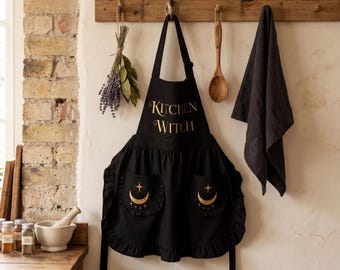 Celestial Kitchen Witch Apron with Star Pockets Witchy Baking Gift, Pastel Goth Kitchen Decor, Wiccan Cooking Pinafore, Astrology Lover Gift