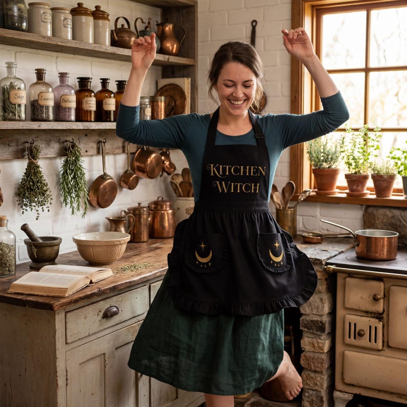 May include: A black apron with the text "KITCHEN WITCH" in gold script. The apron has two pockets with a crescent moon and star design. The person in the image is wearing a teal long-sleeve shirt and a green skirt, standing in a kitchen.