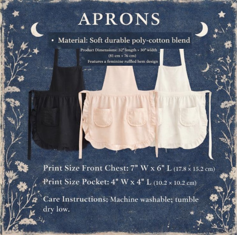 May include: Aprons in black, blush pink, and white, made of a soft poly-cotton blend. Each apron has a ruffled hem and two pockets. Product dimensions are 32" length x 30" width (81 cm x 76 cm). The front chest print size is 7" W x 6" L (17.8 x 15.2 cm).