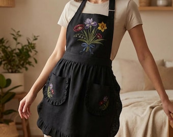 Dark Iris Ruffled Apron - Whimsigoth Kitchen Decor - Moody Cottagecore Floral Pinafore with Pockets - 90s Witchy Aesthetic Gift