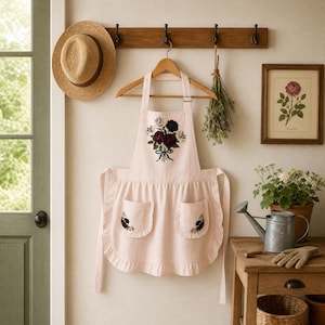 May include: A light pink apron featuring a central embroidered bouquet of dark red and white flowers with a blue ribbon. The apron includes two front pockets with matching floral embroidery and a ruffled hem, hanging on a wooden hanger.