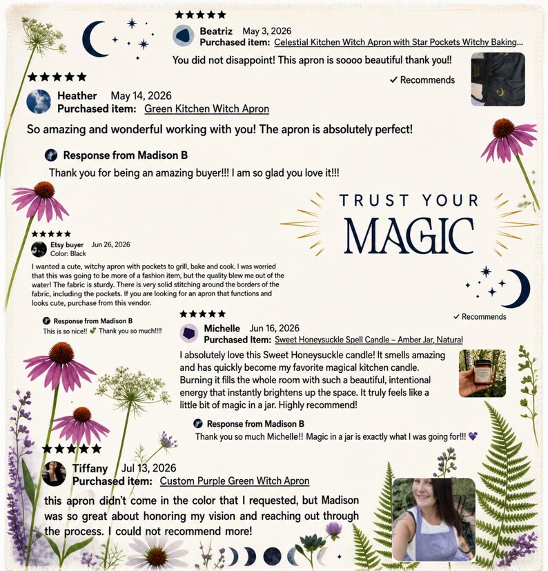 Peut inclure: Un collage num&eacute;rique pr&eacute;sentant des avis clients pour une boutique Etsy, incluant du texte, des &eacute;valuations cinq &eacute;toiles et des photos de produits. La mise en page est d&eacute;cor&eacute;e d'illustrations botaniques d'&eacute;chinac&eacute;es, de foug&egrave;res et de phases lunaires.