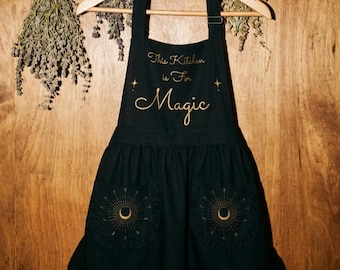 Whimsigoth Kitchen Apron with Pockets, Gothic Baking Gift for Her, This Kitchen Is For Magic Ruffled Pinafore, Witchy Home Decor Aesthetic