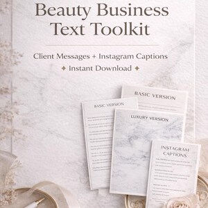 Peut inclure: Image promotionnelle d'un "Beauty Business Text Toolkit" avec "Client Messages + Instagram Captions" et "Instant Download". L'image présente des livrets intitulés "Basic Version", "Luxury Version" et "Instagram Captions". Un stylo, des bagues et une rose sont également présents.
