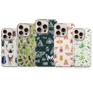May include: Five phone cases with insect and bug designs. The cases feature various insects, including beetles, butterflies, and moths, in a range of colors. The backgrounds vary from white to green and dark green.