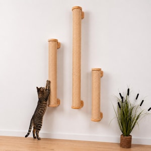 May include: Three vertical wall-mounted cat scratching posts of varying heights, each featuring a cylindrical design wrapped in tan sisal rope with light wood end caps, mounted to the wall with small wooden brackets and hardware.