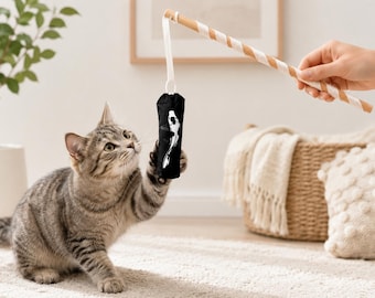 Handmade Cat Teaser Set of 2, Wooden Wand Toys, Rattle Toy, Eco Cat Gift