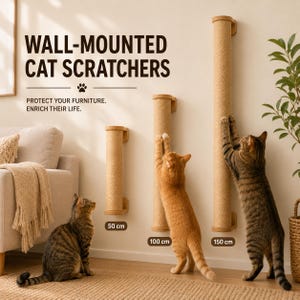 May include: Three wall-mounted cat scratchers in heights of 50 cm, 100 cm, and 150 cm. The cylindrical posts are wrapped in tan sisal rope with light wood mounting brackets. Text reads: WALL-MOUNTED CAT SCRATCHERS, PROTECT YOUR FURNITURE.