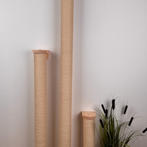 May include: Three vertical wall-mounted cat scratching posts of varying heights, each constructed with a cylindrical wooden frame wrapped in thick, light beige sisal rope and finished with circular light-coloured wooden caps at the top and bottom.