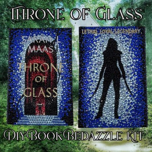 May include: Two rectangular book covers decorated with blue, black, red, and clear rhinestones. The left cover features the text SARAH J MAAS THRONE OF GLASS. The right cover displays a silhouette figure with the text LETHAL LOYAL LEGENDARY.