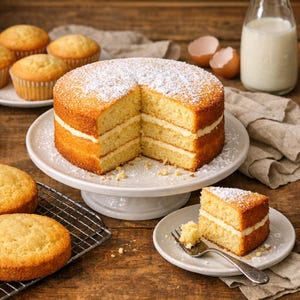 Peut inclure: Un gâteau à trois couches saupoudré de sucre glace, avec une part coupée, est posé sur un présentoir blanc. Des petits gâteaux et d'autres pâtisseries sont disposés autour du gâteau sur une table en bois, avec une bouteille de lait et des coquilles d'œufs.