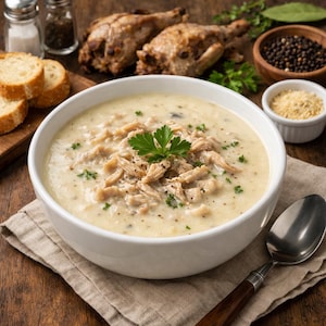 Op de afbeelding: Een witte kom gevuld met romige soep, gegarneerd met gescheurd vlees en peterselie. Schijfjes geroosterd brood, gebraden kip en kruiden zijn rond de kom op een houten oppervlak gerangschikt. Een lepel rust op een linnen servet.