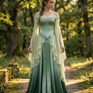 Vestido élfico medieval verde / Vestido renacentista con hombros descubiertos / Corsé con cordones en la espalda / Disfraz para feria renacentista / Vestido de novia de fantasía imagen 2