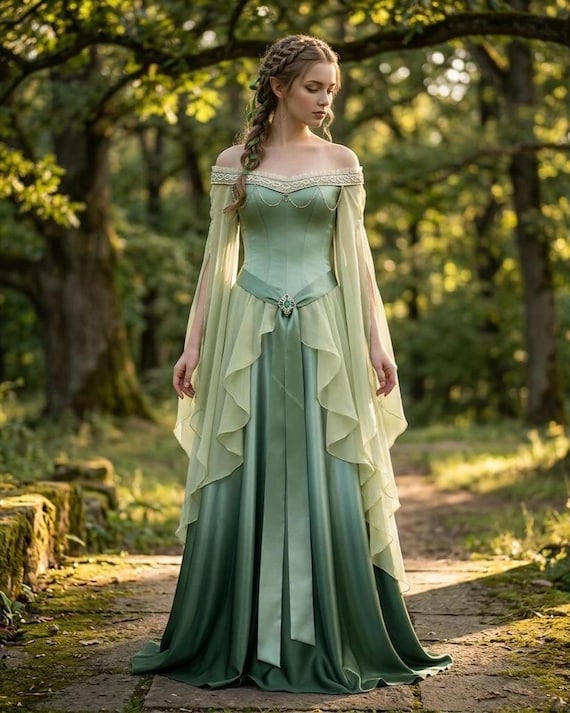 beautiful green fantasy dress Medieval Elvish Dress | Renaissance off Shoulder Gown | Corset Lace up Back  | Ren Faire Costume | Fantasy Wedding Dress