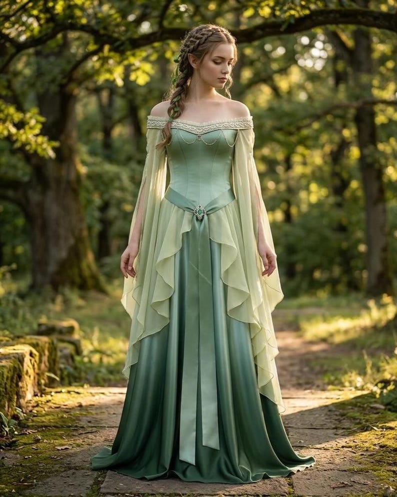 Vestido élfico medieval verde / Vestido renacentista con hombros descubiertos / Corsé con cordones en la espalda / Disfraz para feria renacentista / Vestido de novia de fantasía imagen 2