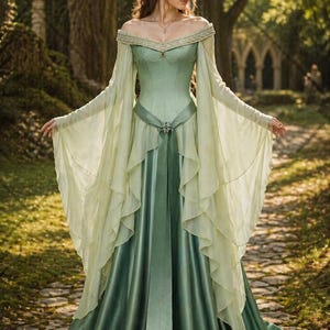 Puede incluir: Un vestido largo verde salvia con mangas largas y en capas y un corpi&ntilde;o ajustado. El vestido presenta un escote adornado y un cintur&oacute;n a juego. La falda cae elegantemente, creando un look rom&aacute;ntico y et&eacute;reo, perfecto para eventos de fantas&iacute;a.