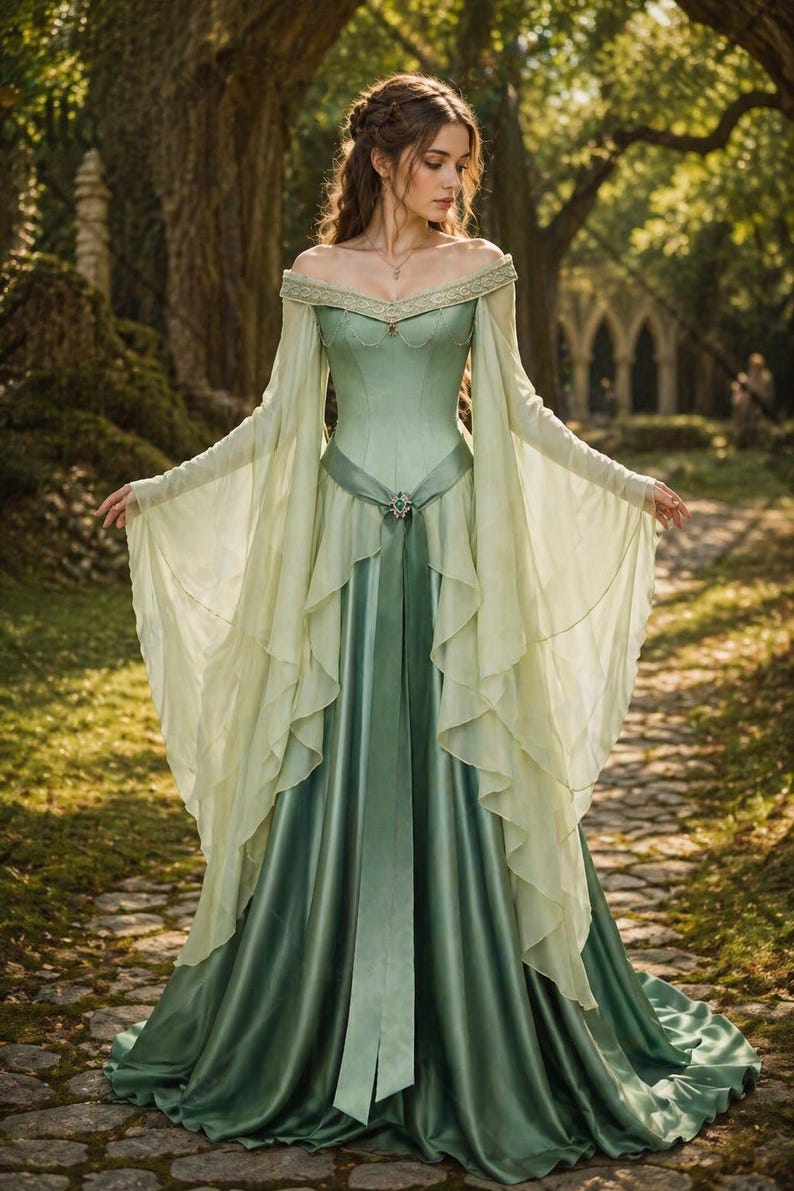 Puede incluir: Un vestido largo verde salvia con mangas largas y en capas y un corpi&ntilde;o ajustado. El vestido presenta un escote adornado y un cintur&oacute;n a juego. La falda cae elegantemente, creando un look rom&aacute;ntico y et&eacute;reo, perfecto para eventos de fantas&iacute;a.