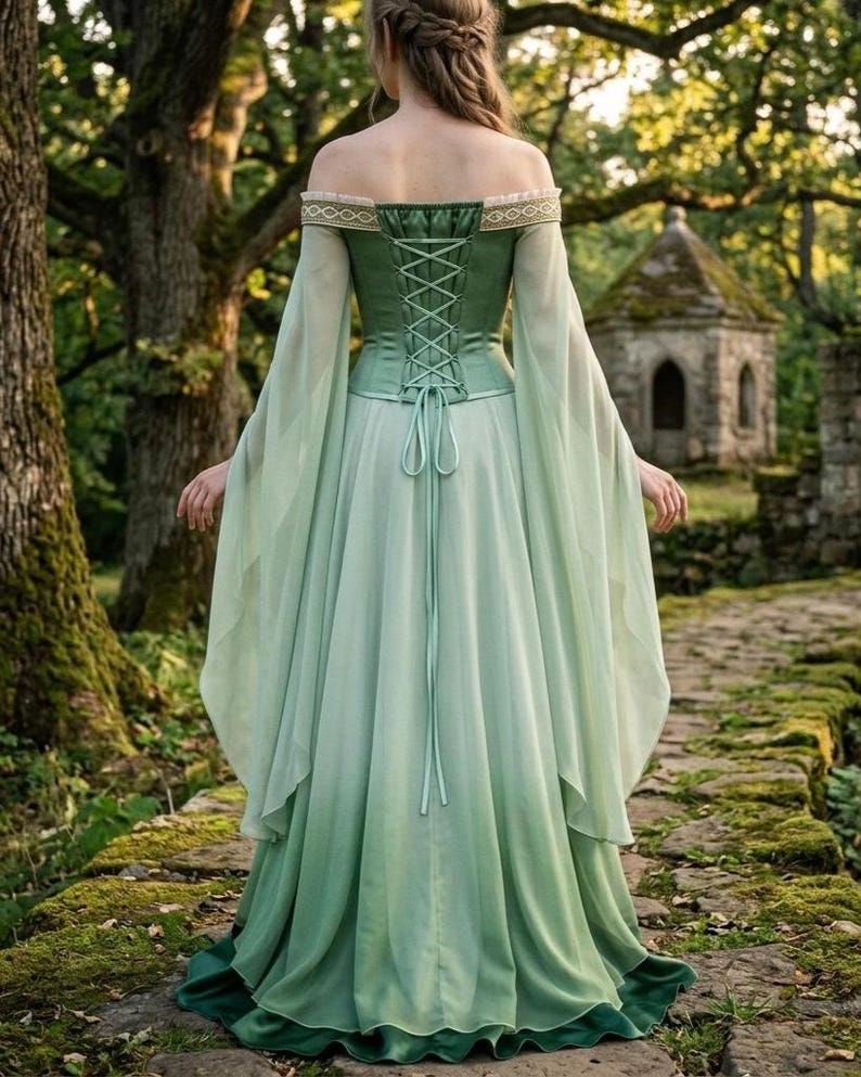 Puede incluir: Un vestido largo y fluido de color verde con un corpi&ntilde;o de cors&eacute; y mangas con hombros descubiertos. El vestido presenta un efecto degradado, pasando de un verde m&aacute;s oscuro en el corpi&ntilde;o a un tono m&aacute;s claro en la falda. Las mangas son largas y vaporosas.