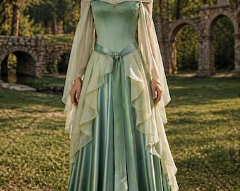 Vestido élfico medieval verde / Vestido renacentista con hombros descubiertos / Corsé con cordones en la espalda / Disfraz para feria renacentista / Vestido de novia de fantasía
