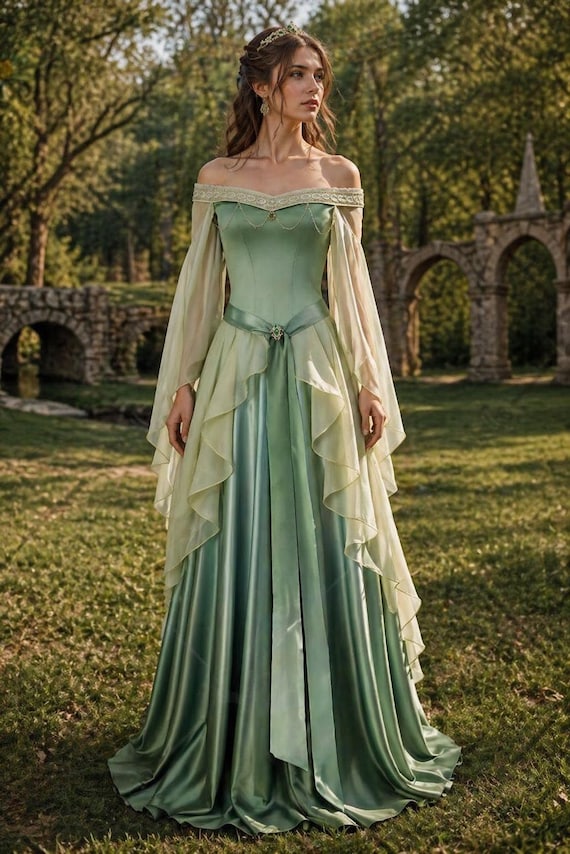 Medieval Elvish Dress Green | Renaissance Off Shoulder Gown | Corset Lace Up Back | Ren Faire Costume | Fantasy Wedding Dress