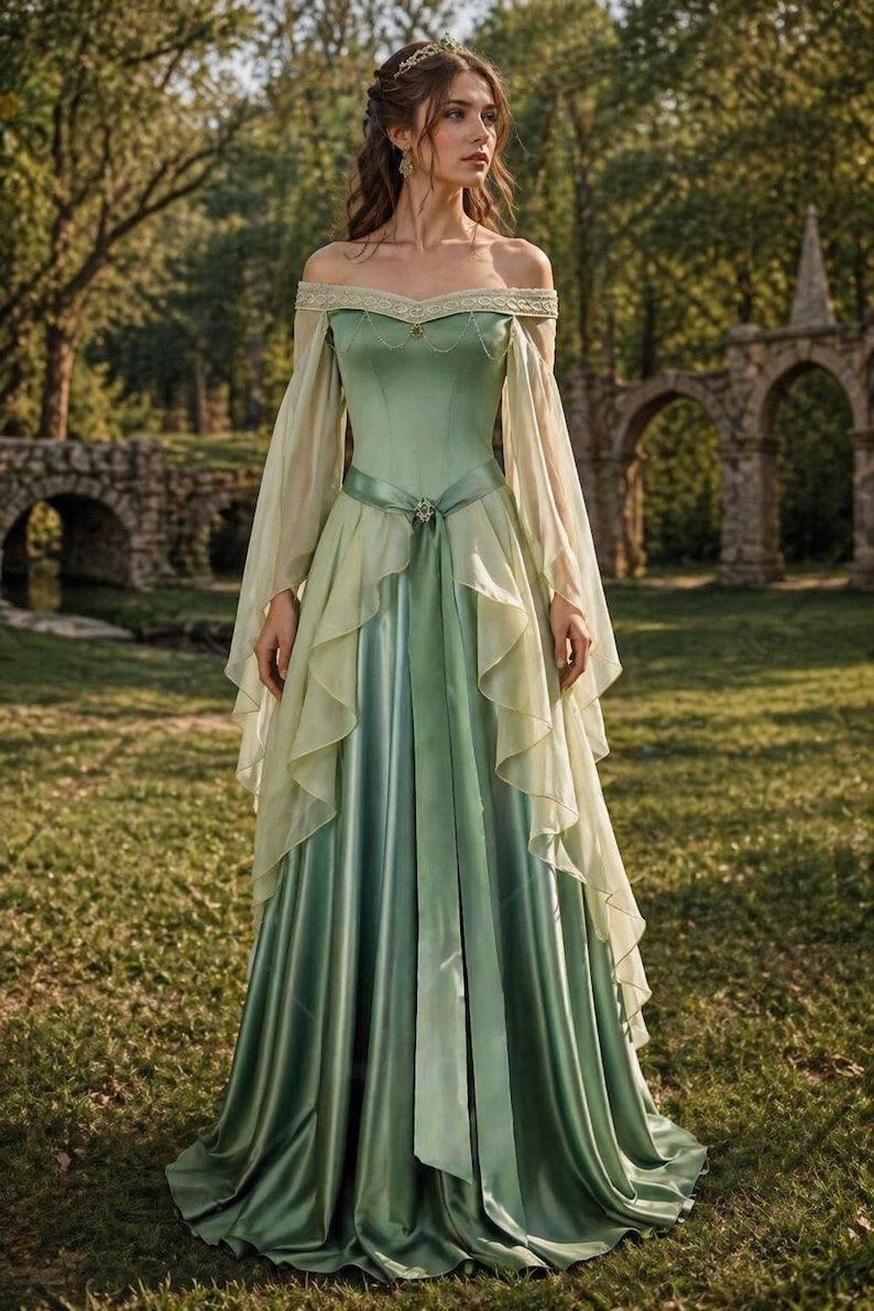 Puede incluir: Un elegante vestido verde con hombros descubiertos, falda en capas y mangas largas y transparentes. El vestido presenta un corpi&ntilde;o ajustado, un cintur&oacute;n decorativo y una falda fluida. El fondo muestra un puente de piedra y &aacute;rboles.
