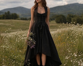Women Medieval Halloween Dress | Renaissance Fair Costume | Witch LARP Fantasy Gown | Lace Up Bodice High Low Skirt
