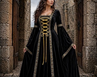 Vestido corsé renacentista negro para mujer / Disfraz de feria medieval / Vestido gótico de terciopelo con cordones / Traje de cosplay para LARP