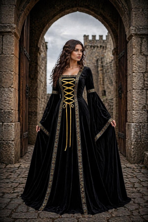 black renaissance dress in | Dark Raven Victorian Gothic Corset Gown or Witch costume Women's Alluring Damsel Dress with