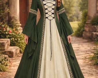 Vestido medieval para mujer / Disfraz de feria renacentista / Vestido con mangas acampanadas y cordones / Vestido de fantasía para LARP / Cosplay gótico victoriano