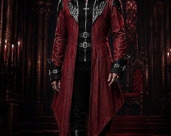 Abrigo con capucha Crimson Assassin / Chaqueta larga gótica steampunk para Halloween / Gabardina de guerrero medieval / Disfraz de cosplay de fantasía histórica
