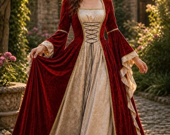 May include: A long, flowing medieval-style dress in burgundy and cream. The dress features long, bell sleeves with gold trim, a square neckline, and a laced bodice. The dress is made of velvet and a patterned fabric.