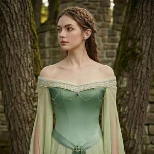 Puede incluir: Un vestido verde con hombros descubiertos y mangas largas y fluidas. El corpi&ntilde;o es de un tono verde m&aacute;s oscuro, adornado con delicados detalles de cuentas y un cintur&oacute;n decorativo. El vestido es de estilo medieval o renacentista.