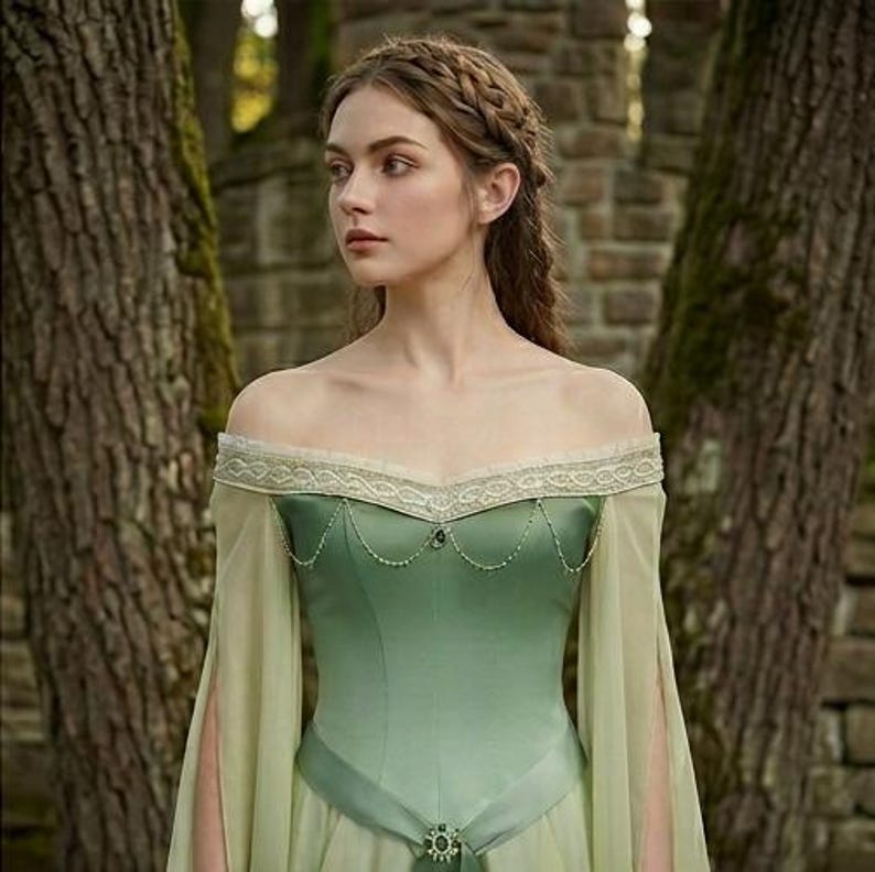 Puede incluir: Un vestido verde con hombros descubiertos y mangas largas y fluidas. El corpi&ntilde;o es de un tono verde m&aacute;s oscuro, adornado con delicados detalles de cuentas y un cintur&oacute;n decorativo. El vestido es de estilo medieval o renacentista.