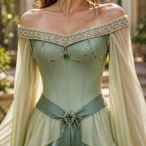 Vestido élfico medieval verde / Vestido renacentista con hombros descubiertos / Corsé con cordones en la espalda / Disfraz para feria renacentista / Vestido de novia de fantasía imagen 3