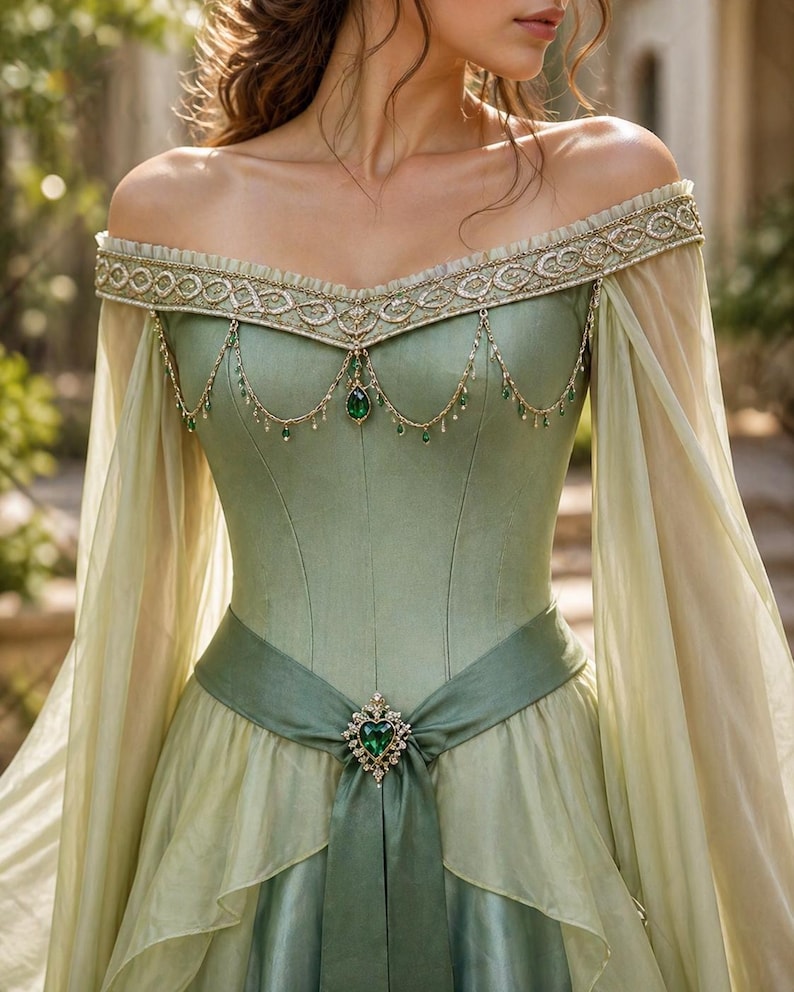 Vestido élfico medieval verde / Vestido renacentista con hombros descubiertos / Corsé con cordones en la espalda / Disfraz para feria renacentista / Vestido de novia de fantasía imagen 3